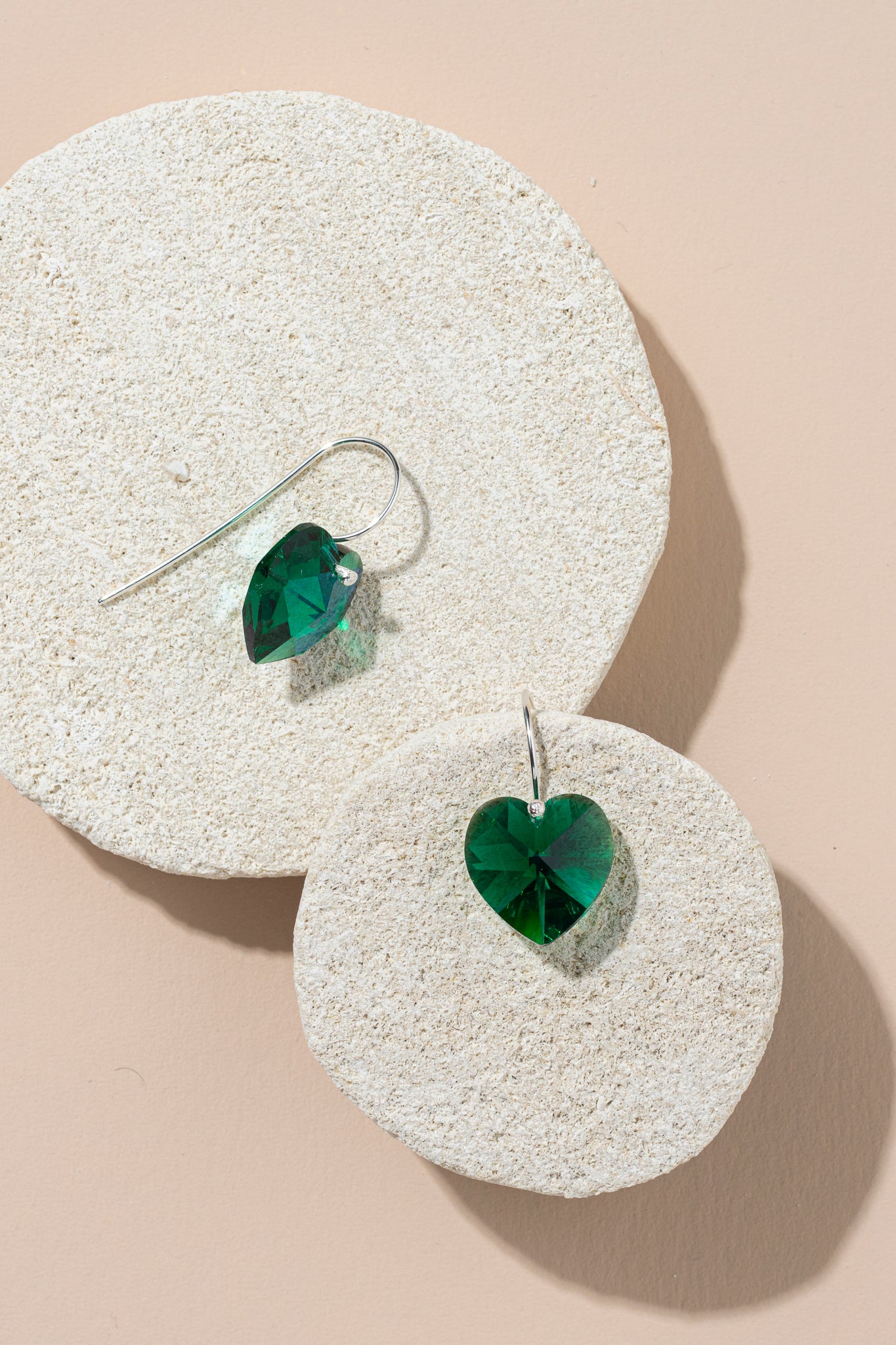 Green Facet Heart Silver Earrings by Betsy Blonde